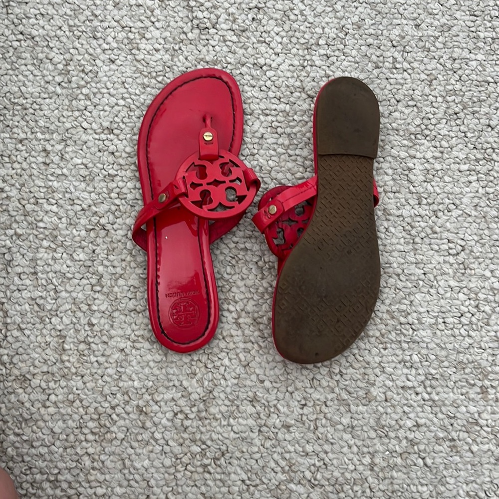 Red leather flip flops